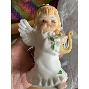 Vintage HOMCO Porcelain Christmas Angel Figurine Holly & Harp • Home Interiors